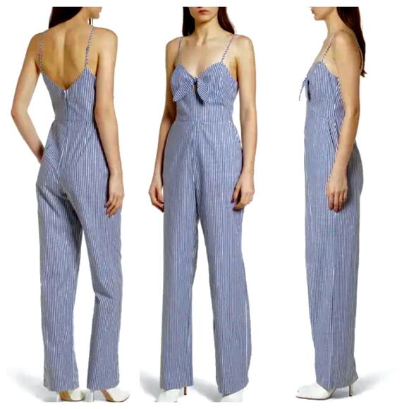 WAYF Massa Front Tie-Knot Pockets Blue White Pin Striped Jumpsuit Romper XS - Picture 2 of 12